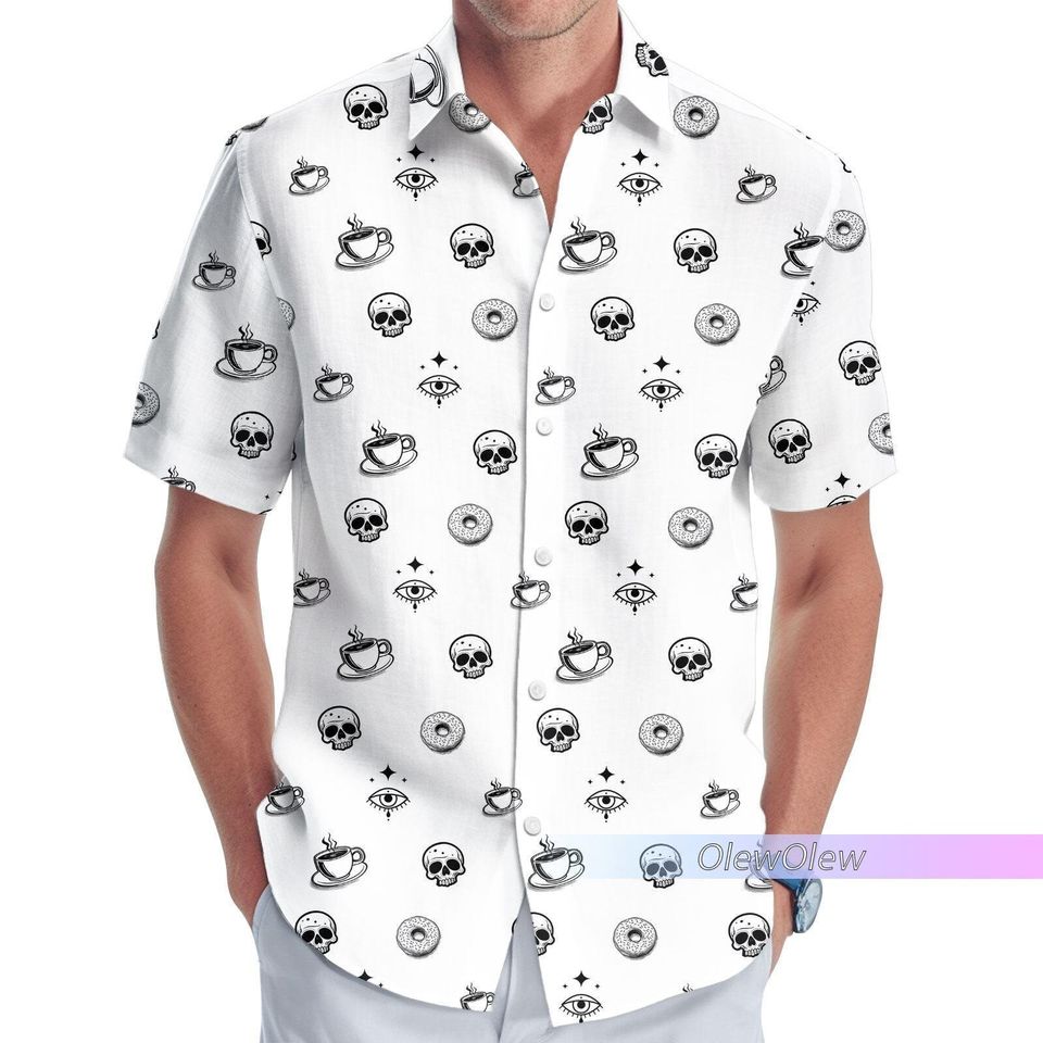 Funny Donut Skull Hawaiian Shirt, Cereal Killer Fun Casual Woven Button Up Shirt