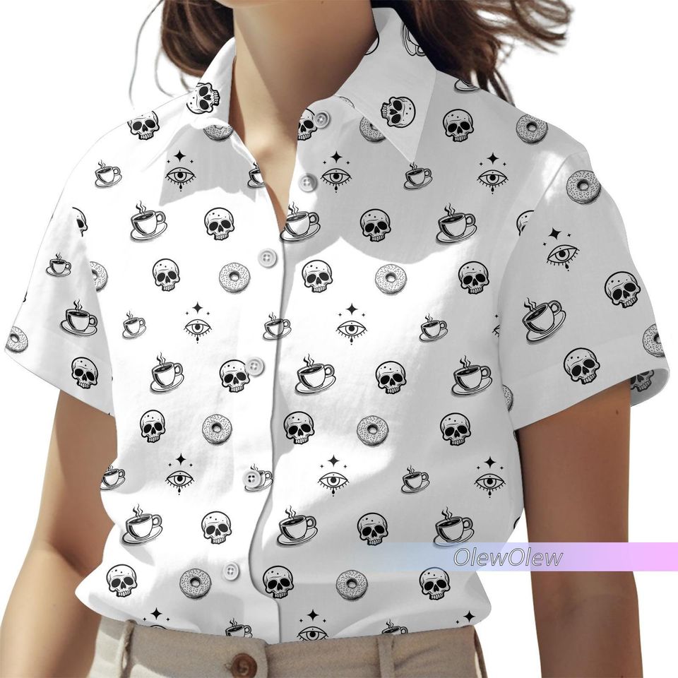 Funny Donut Skull Hawaiian Shirt, Cereal Killer Fun Casual Woven Button Up Shirt