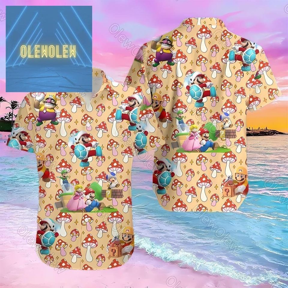 Super Mario Button Shirt, Super Mario Mushroom Hawaiian Shirt