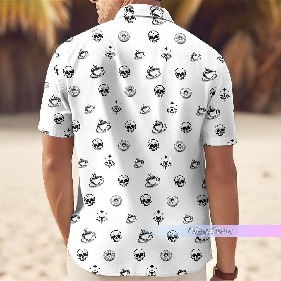 Funny Donut Skull Hawaiian Shirt, Cereal Killer Fun Casual Woven Button Up Shirt