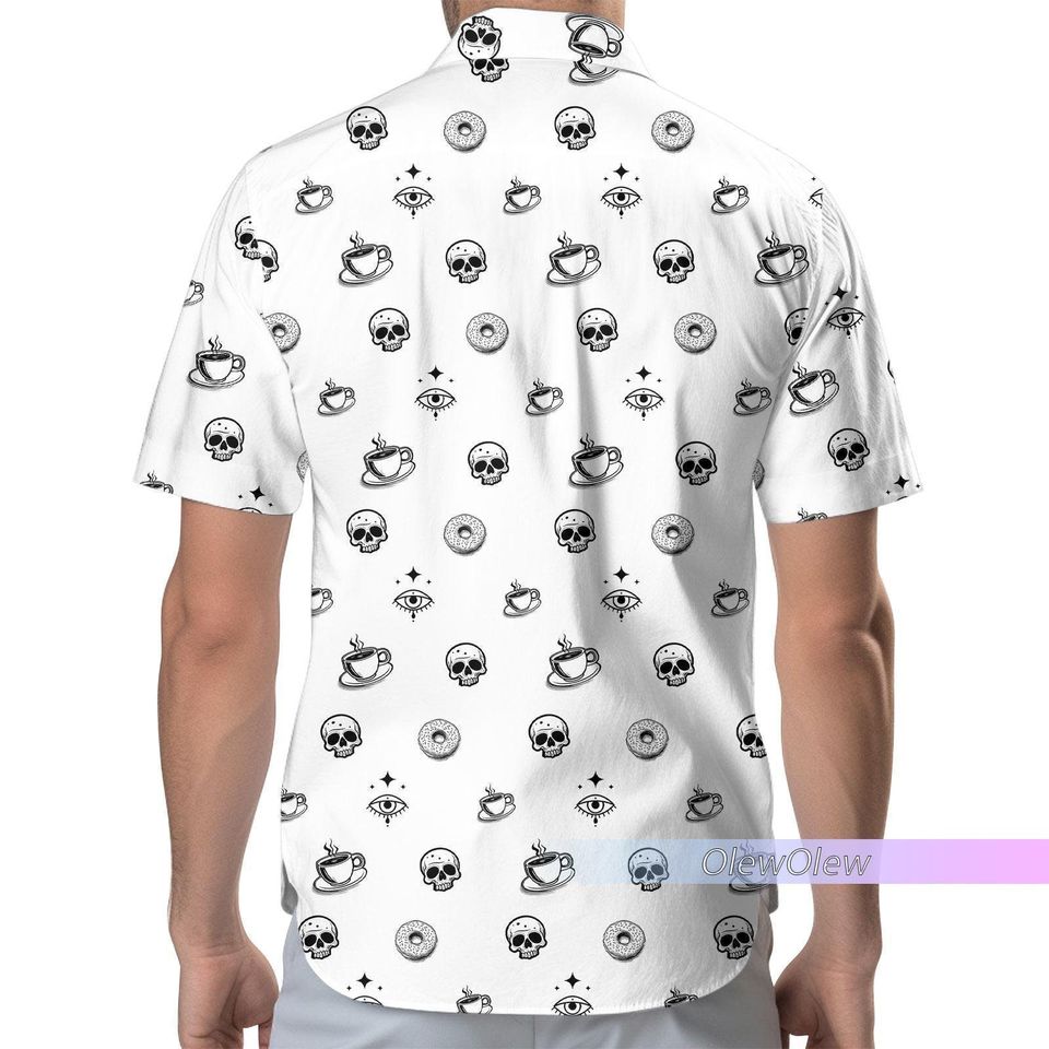 Funny Donut Skull Hawaiian Shirt, Cereal Killer Fun Casual Woven Button Up Shirt