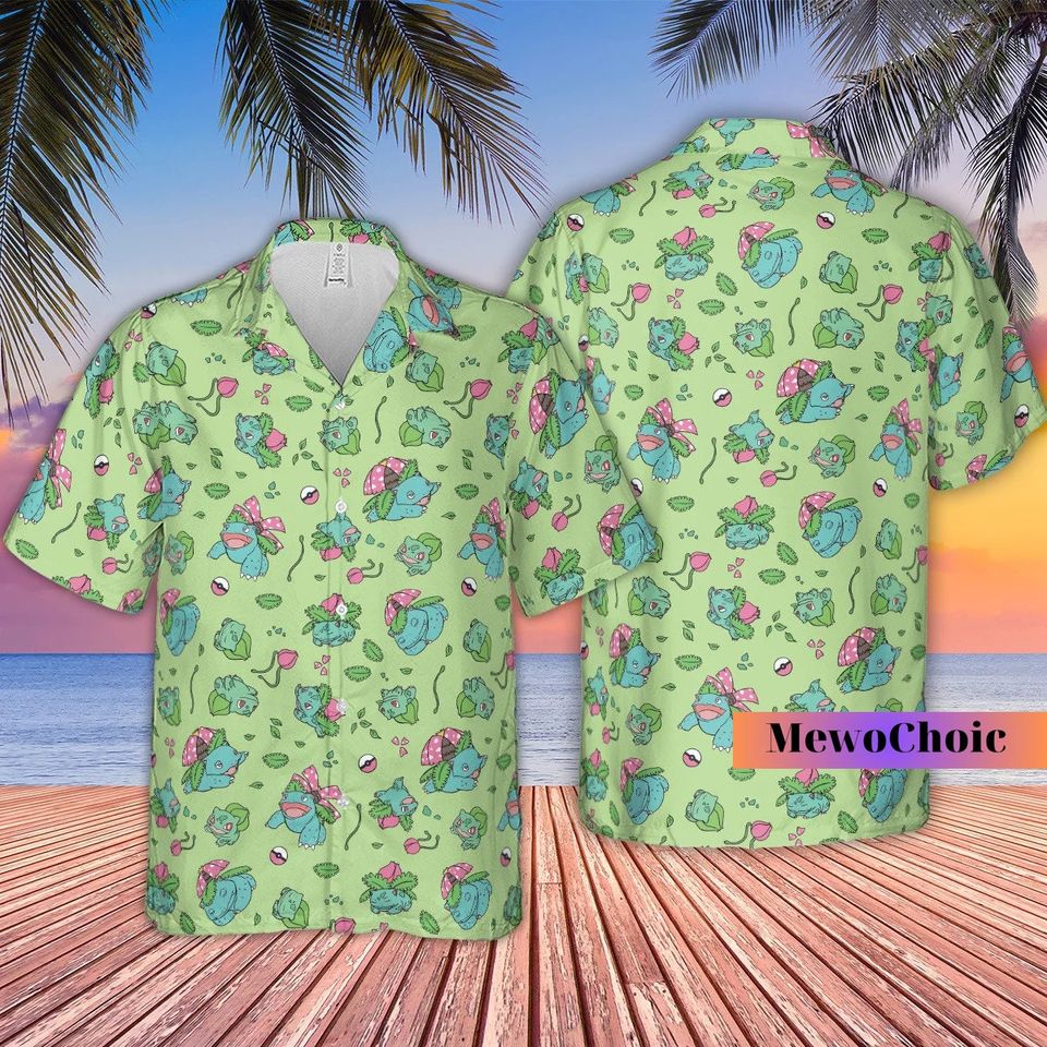 Bulbasaur Shirt, Bulbasaur Hawaiian Shirt, Anime Beach Shirt, PKM Hawaiian Shirt