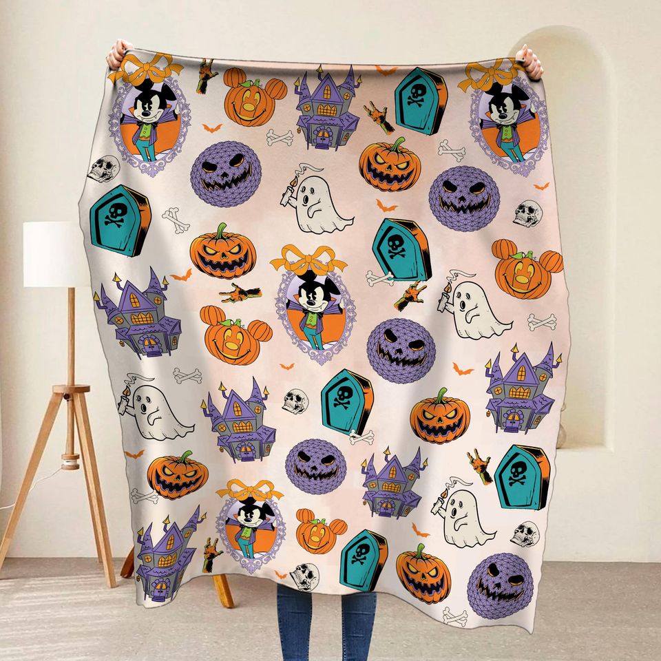 Cute Mickey Vampire Coquette Bow Blanket, Disney Spooky Season Sofa Blanket, Magic Kingdom Home Decor