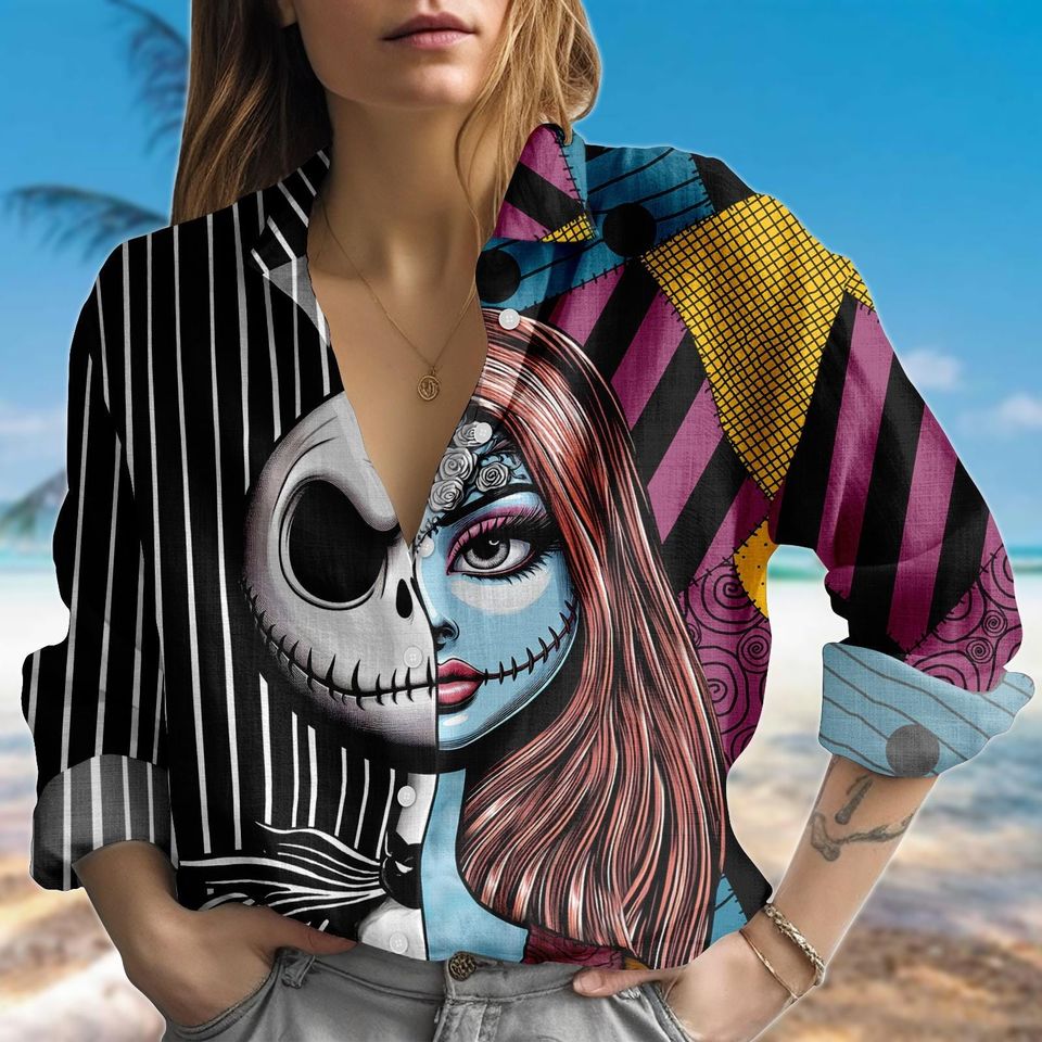Jack and Sally Halloween Shirt, Split Face Gothic Button Down, Nightmare Before Christmas Blouse, Spooky Fall Top