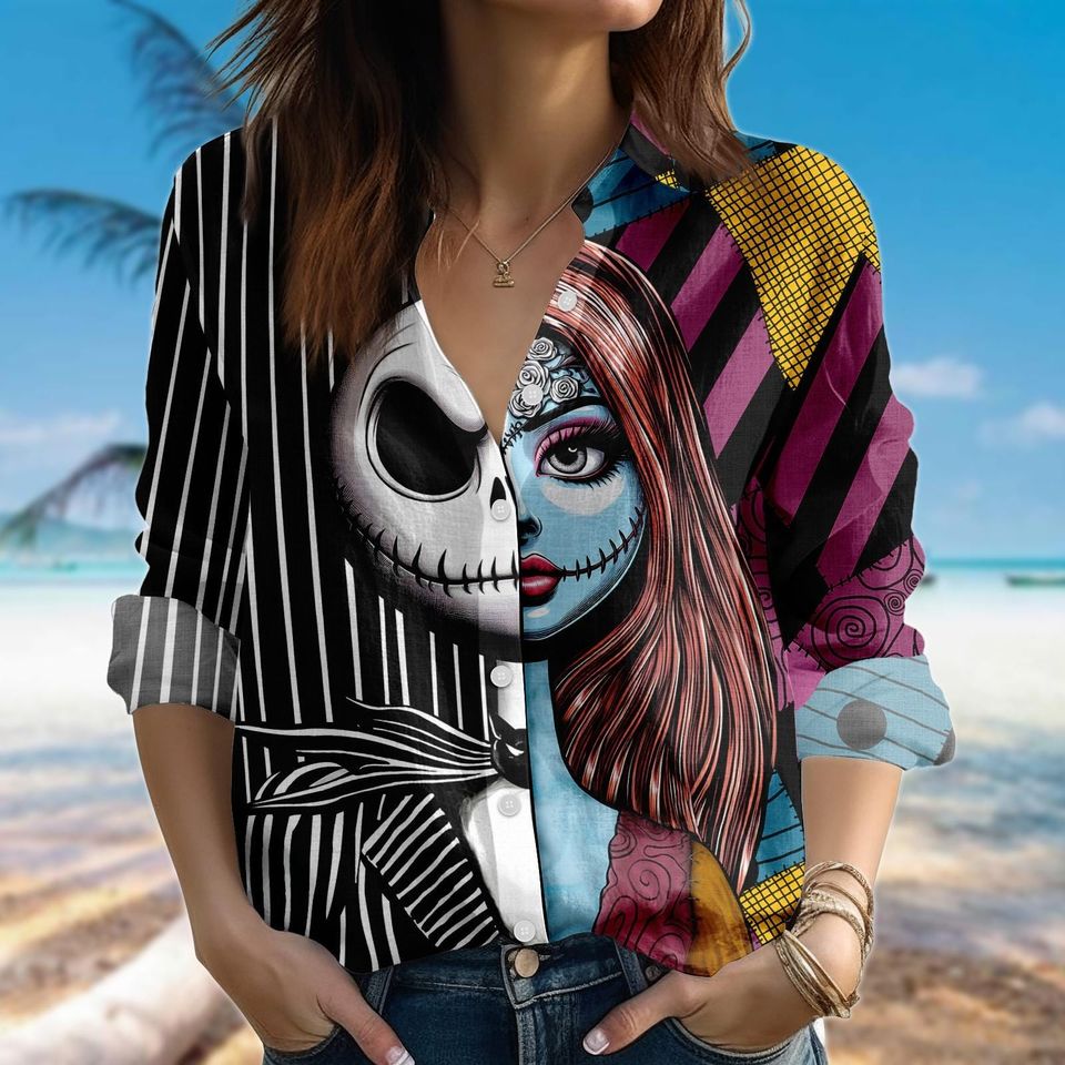 Jack and Sally Halloween Shirt, Split Face Gothic Button Down, Nightmare Before Christmas Blouse, Spooky Fall Top