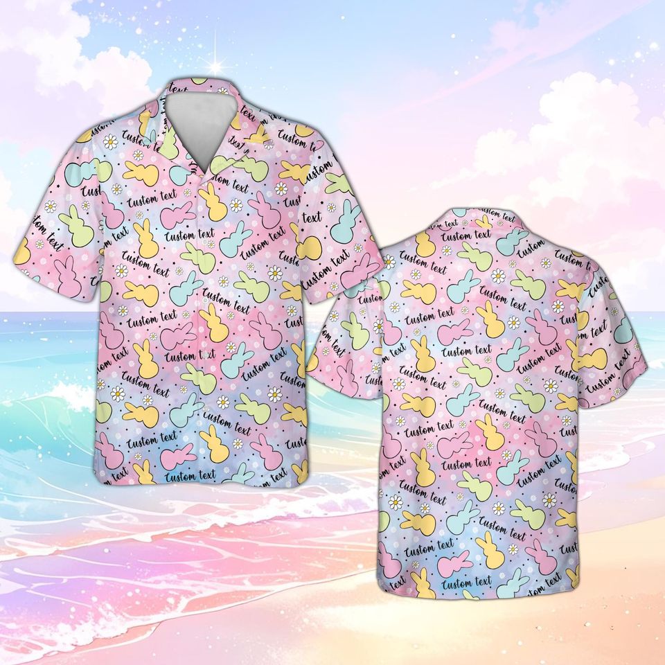 Custom Text Easter Bunny Hawaiian Shirt, Cute Spring Peeps Bunny Shirt, Personalized Pastel Rabbit Pattern, Family Matching GiftShirt