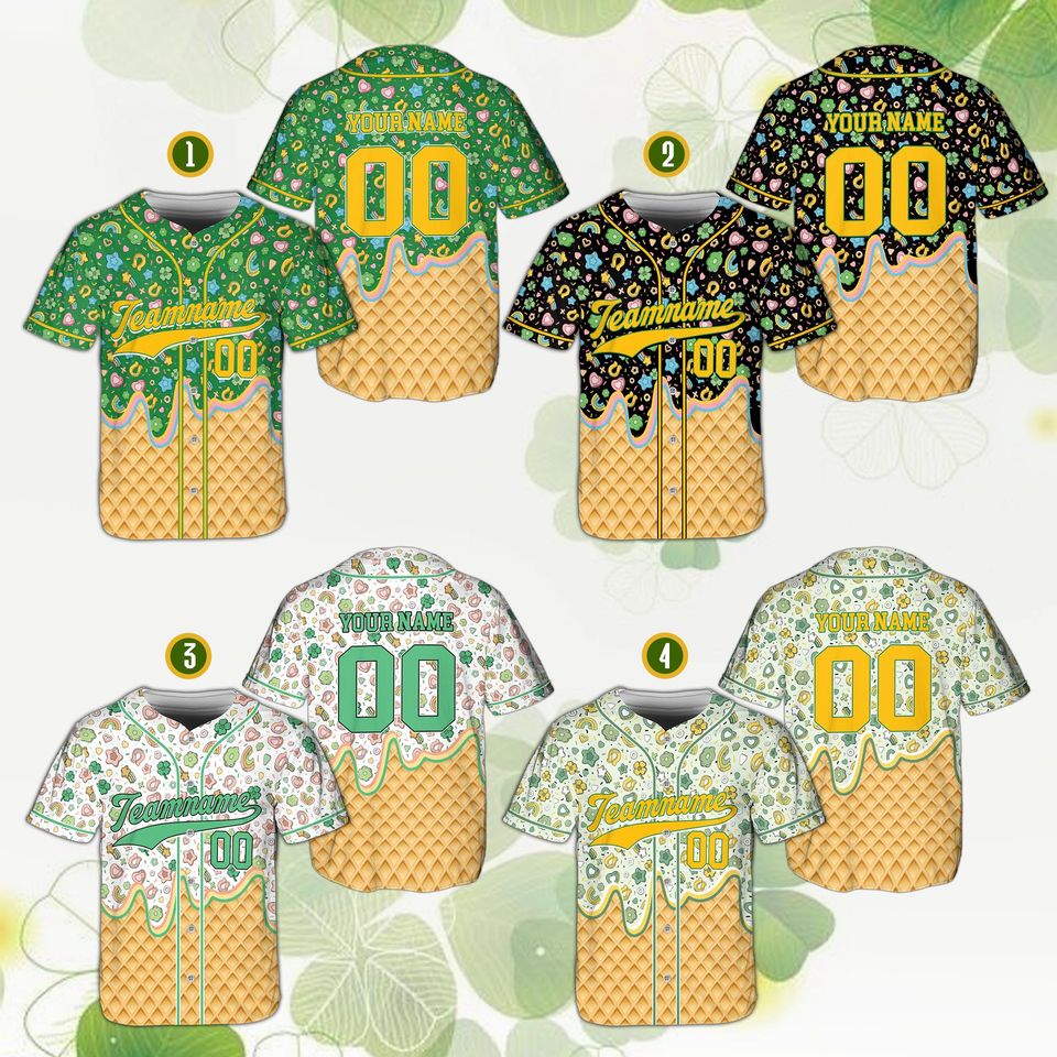 Personalize St Patricks Day Lucky Charm Baseball Jersey, Custom Name Number Shamrock Drip Ice Cream Shirt, Irish Green Festival Outfit Gift