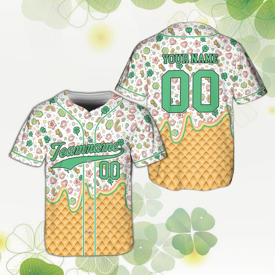 Personalize St Patricks Day Lucky Charm Baseball Jersey, Custom Name Number Shamrock Drip Ice Cream Shirt, Irish Green Festival Outfit Gift