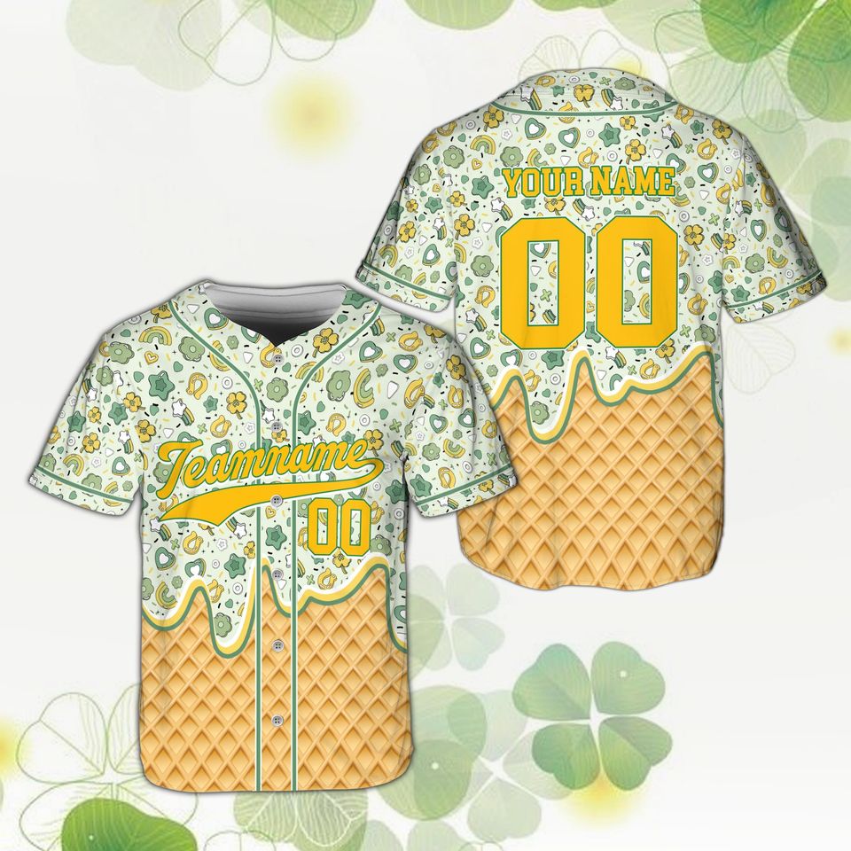 Personalize St Patricks Day Lucky Charm Baseball Jersey, Custom Name Number Shamrock Drip Ice Cream Shirt, Irish Green Festival Outfit Gift