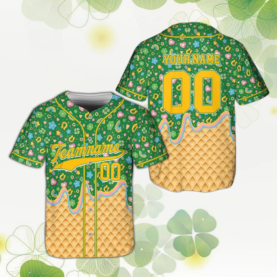 Personalize St Patricks Day Lucky Charm Baseball Jersey, Custom Name Number Shamrock Drip Ice Cream Shirt, Irish Green Festival Outfit Gift