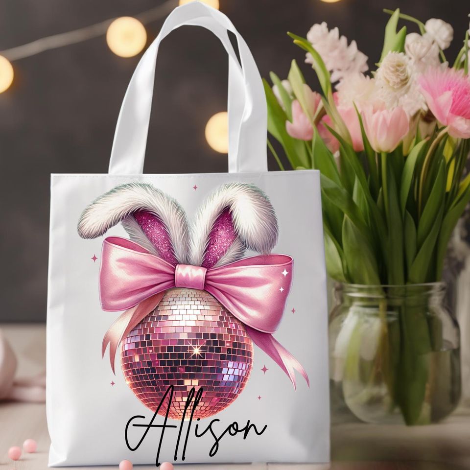 Personalized Coquette Bunny Disco Ball Tote Bag, Easter Aesthetic Gift, Pink Glitter Bunny Bag, Custom Name Tote, Reusable Girly Easter Bag