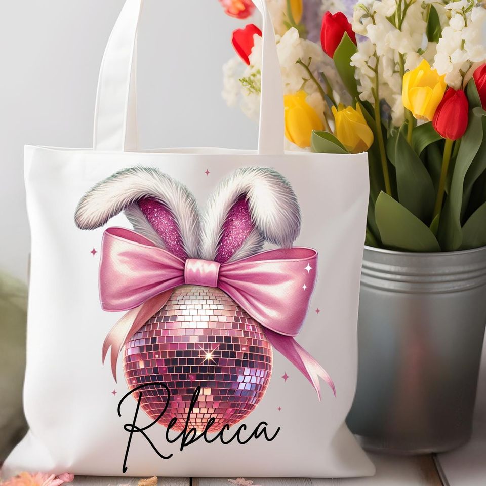 Personalized Coquette Bunny Disco Ball Tote Bag, Easter Aesthetic Gift, Pink Glitter Bunny Bag, Custom Name Tote, Reusable Girly Easter Bag