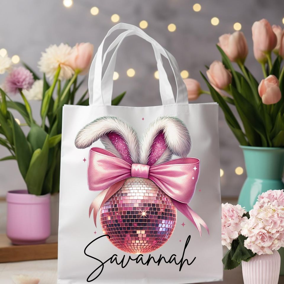 Personalized Coquette Bunny Disco Ball Tote Bag, Easter Aesthetic Gift, Pink Glitter Bunny Bag, Custom Name Tote, Reusable Girly Easter Bag