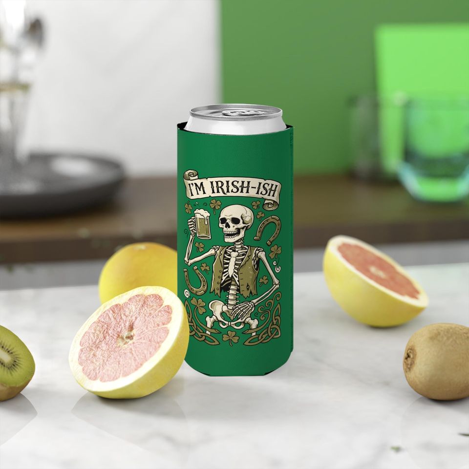 I'M IRISH-ISH Skeleton with Beer Slim Can Cooler St. Patrick's Day