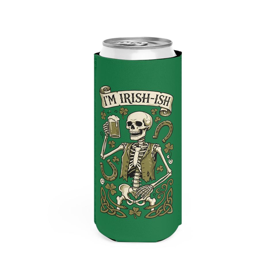 I'M IRISH-ISH Skeleton with Beer Slim Can Cooler St. Patrick's Day
