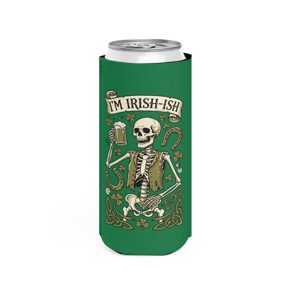 I'M IRISH-ISH Skeleton with Beer Slim Can Cooler St. Patrick's Day