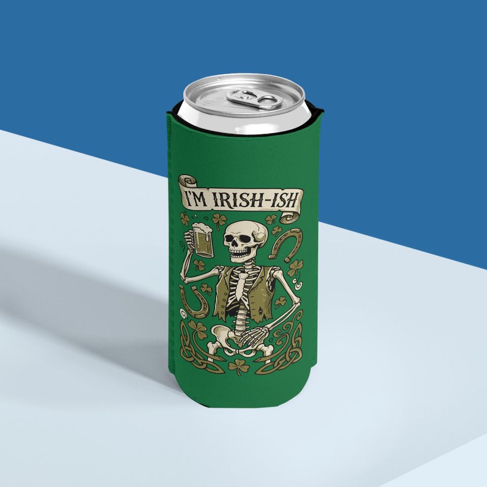 I'M IRISH-ISH Skeleton with Beer Slim Can Cooler St. Patrick's Day