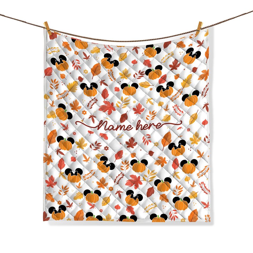 Personalized Fall Mickey Quilt Bedding Set, Disney Autumn Quilt Blanket & Pillowcases,  Mickey Quilt Set