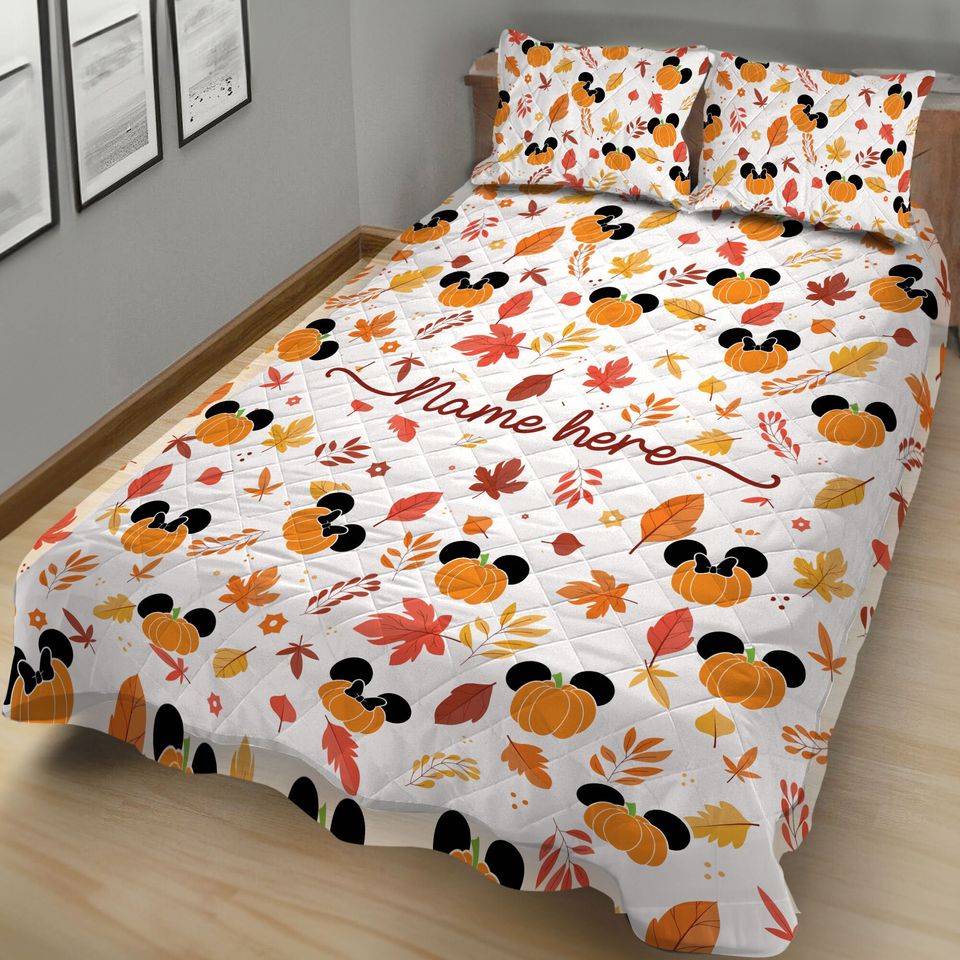 Personalized Fall Mickey Quilt Bedding Set, Disney Autumn Quilt Blanket & Pillowcases,  Mickey Quilt Set