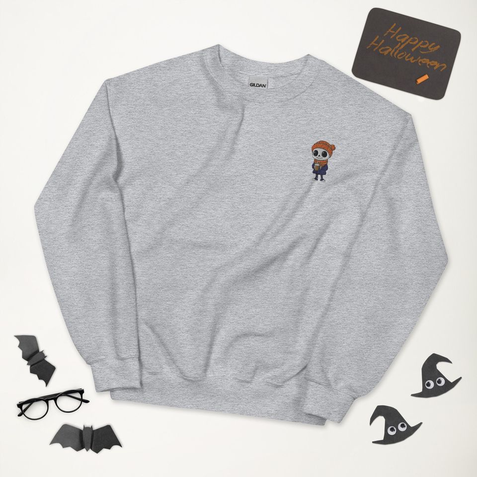 Cute Halloween Skeleton Pumpkin spice latte Embroidered Sweatshirt Spooky