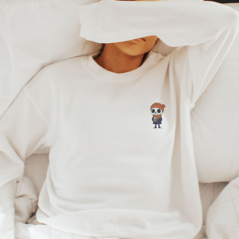 Cute Halloween Skeleton Pumpkin spice latte Embroidered Sweatshirt Spooky