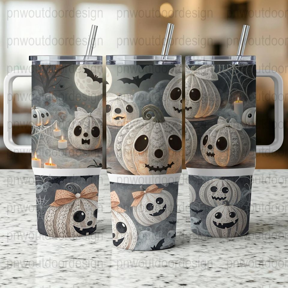 Halloween Tumbler Wrap: Spooky Pumpkin & Ghosts, 40oz Sublimation Design
