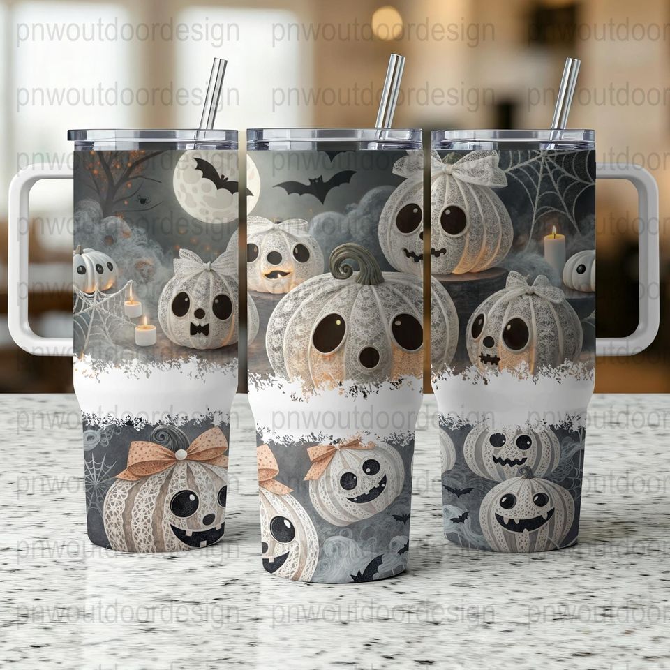 Halloween Tumbler Wrap: Spooky Pumpkin & Ghosts, 40oz Sublimation Design