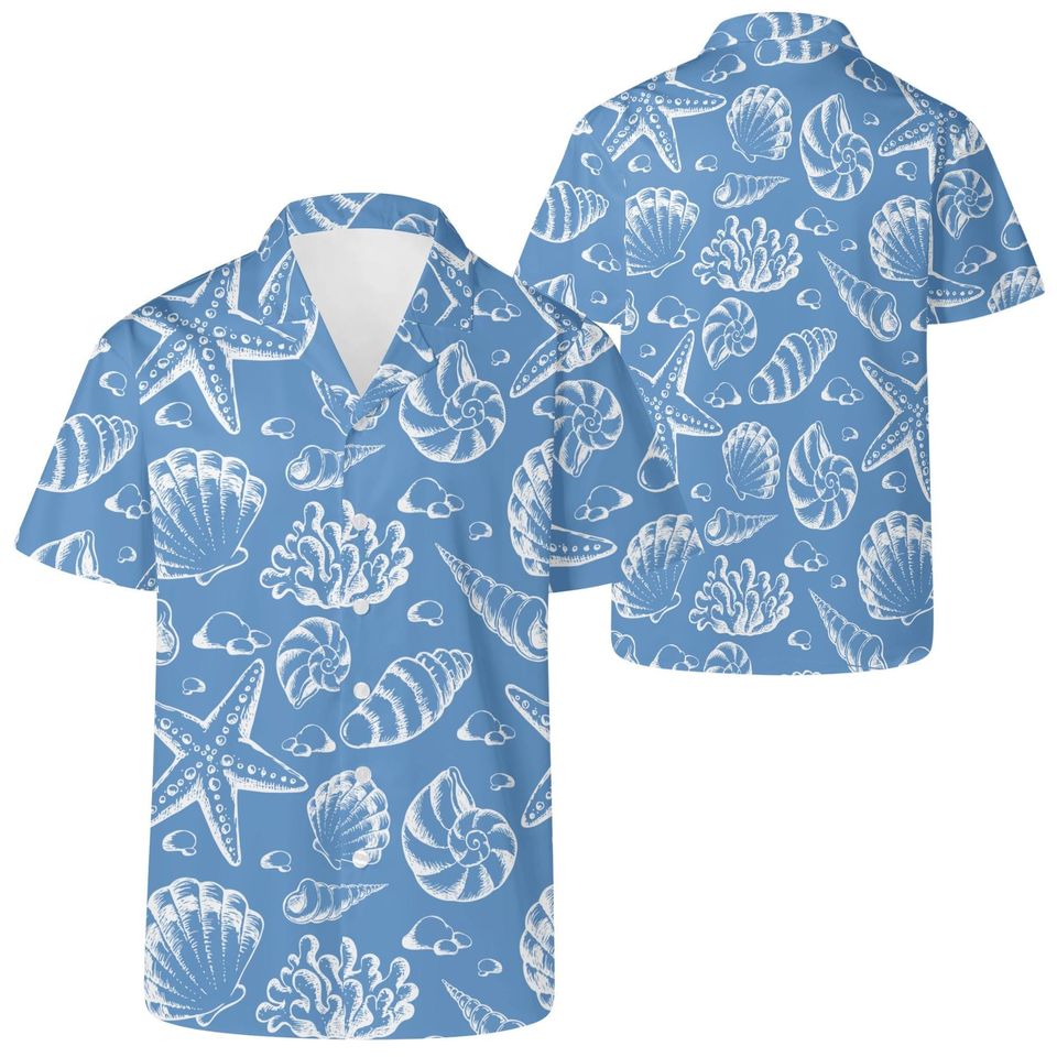 Mens Seashell Print Hawaiian Shirt: Beach Vacation Button-Up