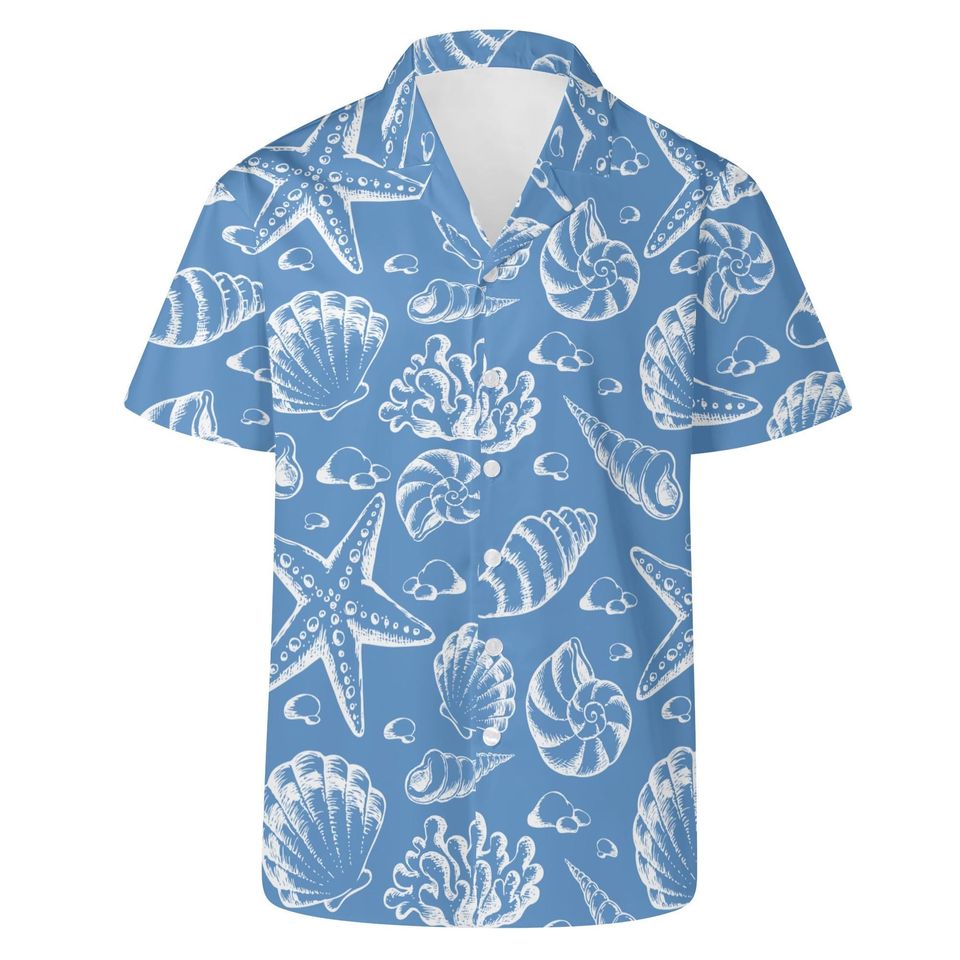 Mens Seashell Print Hawaiian Shirt: Beach Vacation Button-Up