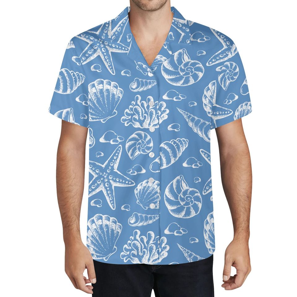 Mens Seashell Print Hawaiian Shirt: Beach Vacation Button-Up