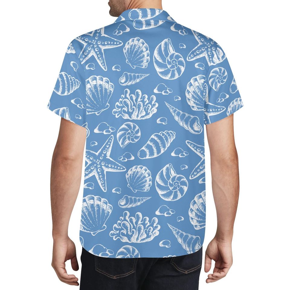 Mens Seashell Print Hawaiian Shirt: Beach Vacation Button-Up