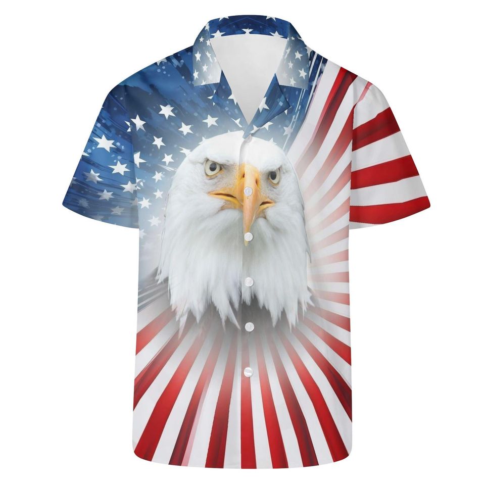 Patriotic Hawaiian Shirt: US Flag Bald Eagle Print - Military Dad Gift
