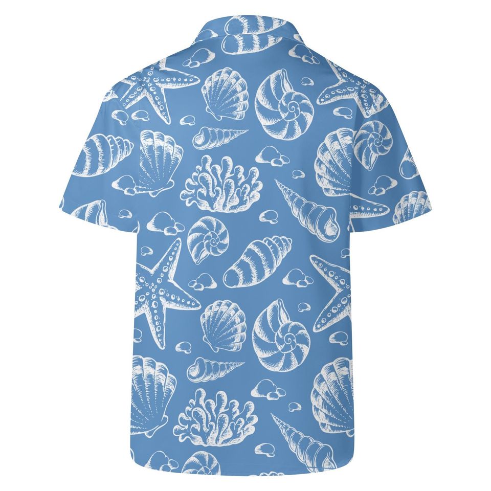 Mens Seashell Print Hawaiian Shirt: Beach Vacation Button-Up