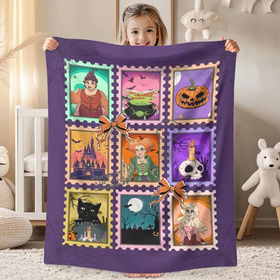 Hocus Pocus Stamp Halloween Blanket, Halloween Coquette Bow Blanket