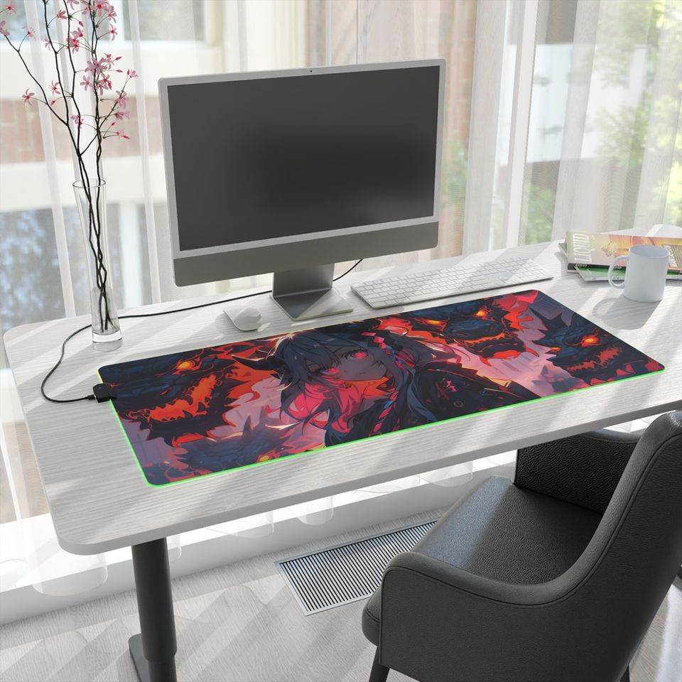 Dragon Anime girl LED Gaming Mousepad: Customizable RGB Lighting, Smooth Surface, Anti-Slip Base, high quality print, Elevate Your Gameplay!