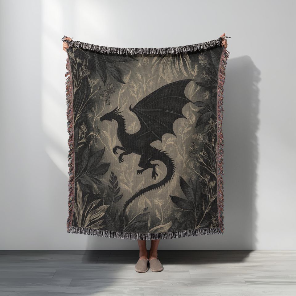Minimalist Medieval Dragon Woven Blanket, Fourth Wing Inspired Throw, Gothic Botanical Pattern Tapestry