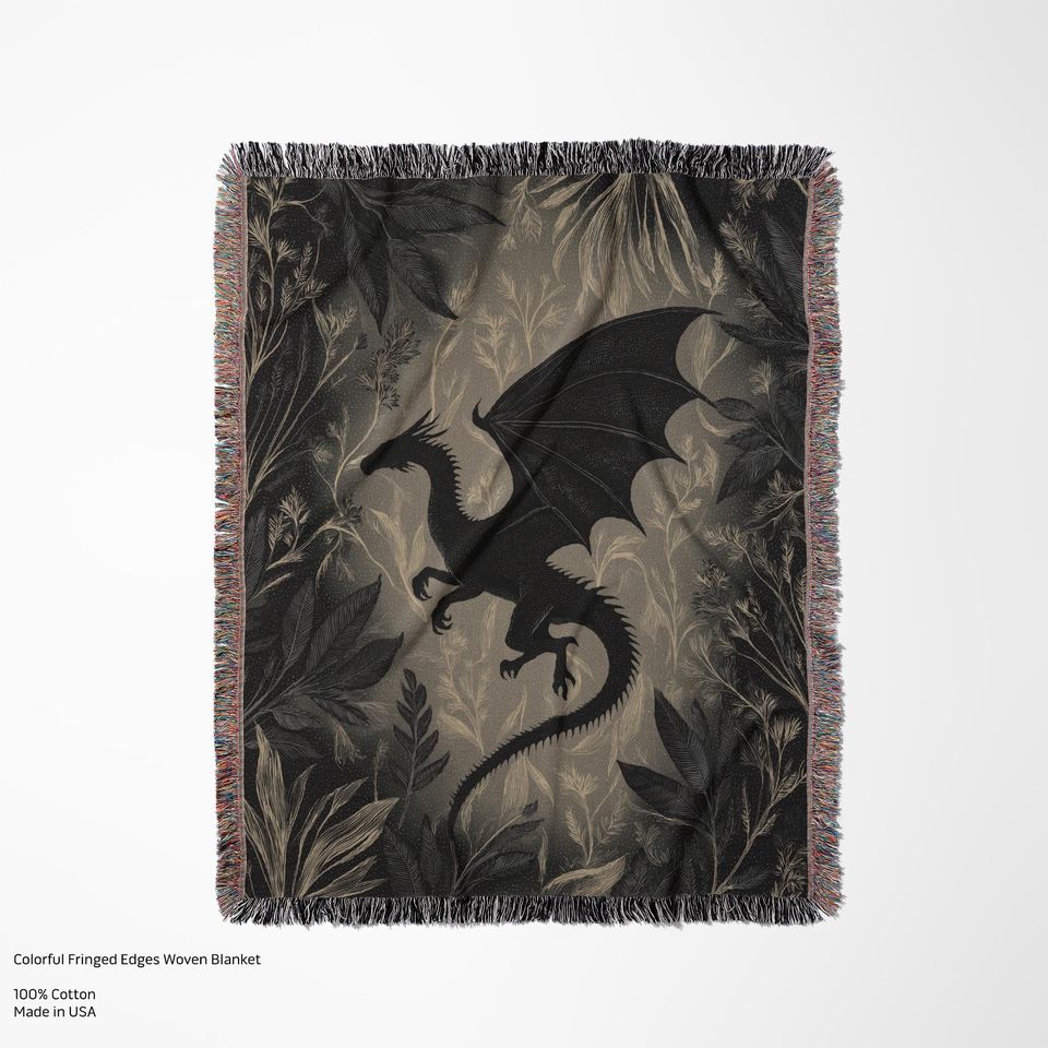 Minimalist Medieval Dragon Woven Blanket, Fourth Wing Inspired Throw, Gothic Botanical Pattern Tapestry