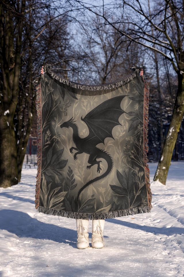 Minimalist Medieval Dragon Woven Blanket, Fourth Wing Inspired Throw, Gothic Botanical Pattern Tapestry