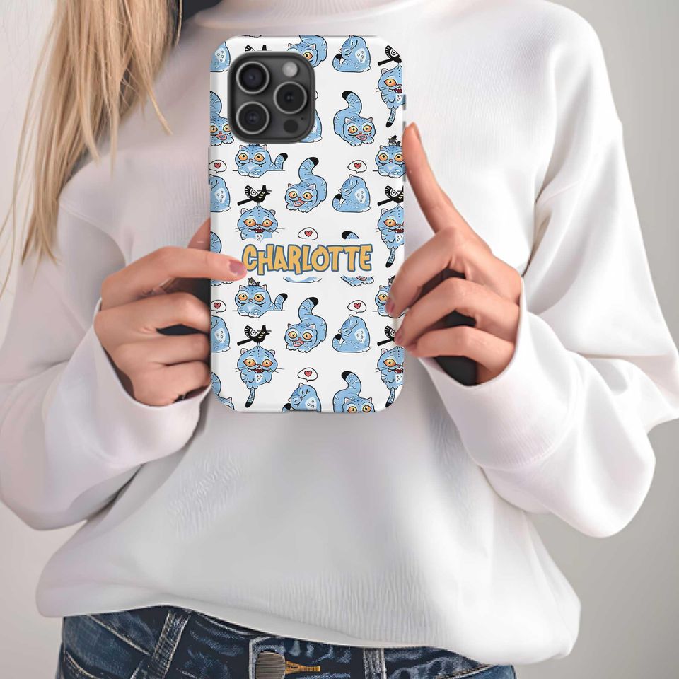 Custom Derpy Cat iPhone Case with Personalized Name, Demon Hunters Design, Magsafe Tough Phone Case