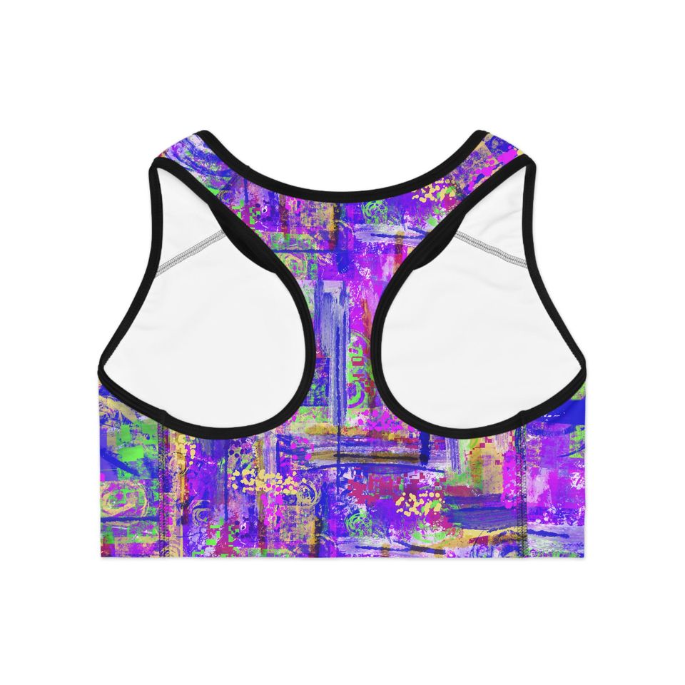 Vibrant Abstract Collage Sports Bra | Purple Neon Pattern