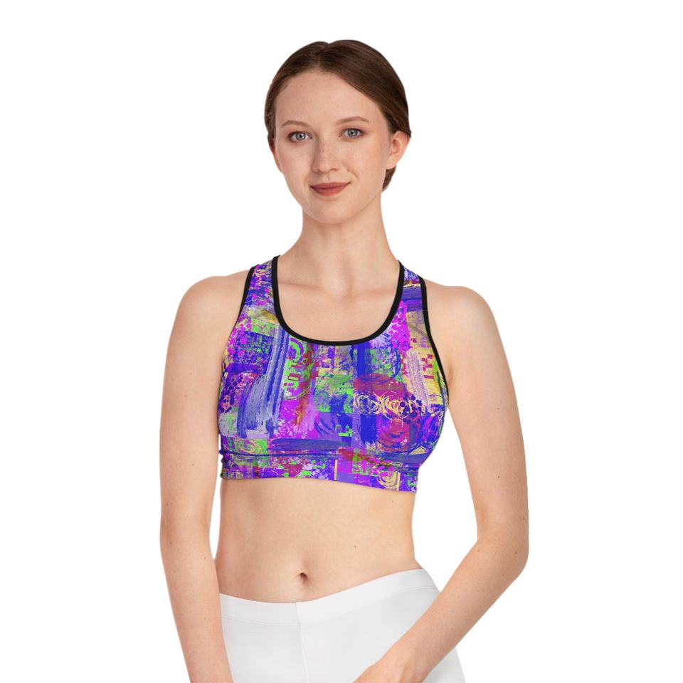 Vibrant Abstract Collage Sports Bra | Purple Neon Pattern