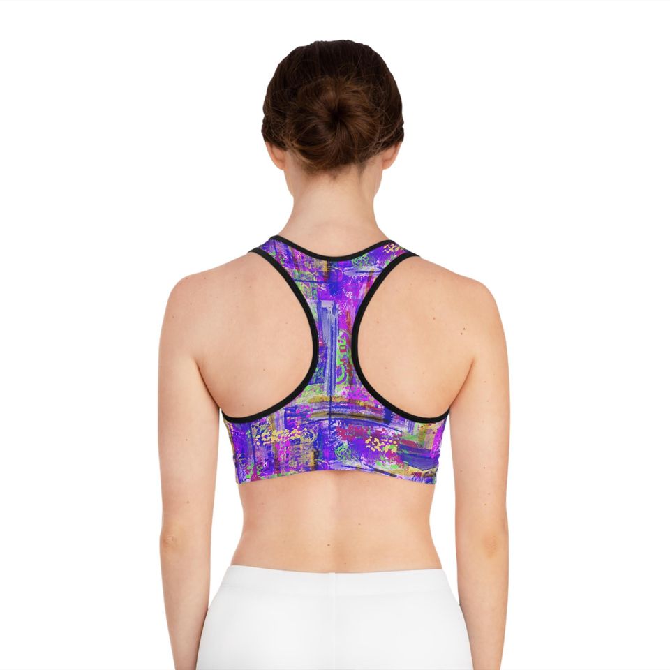 Vibrant Abstract Collage Sports Bra | Purple Neon Pattern