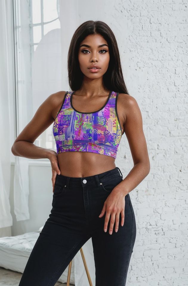 Vibrant Abstract Collage Sports Bra | Purple Neon Pattern