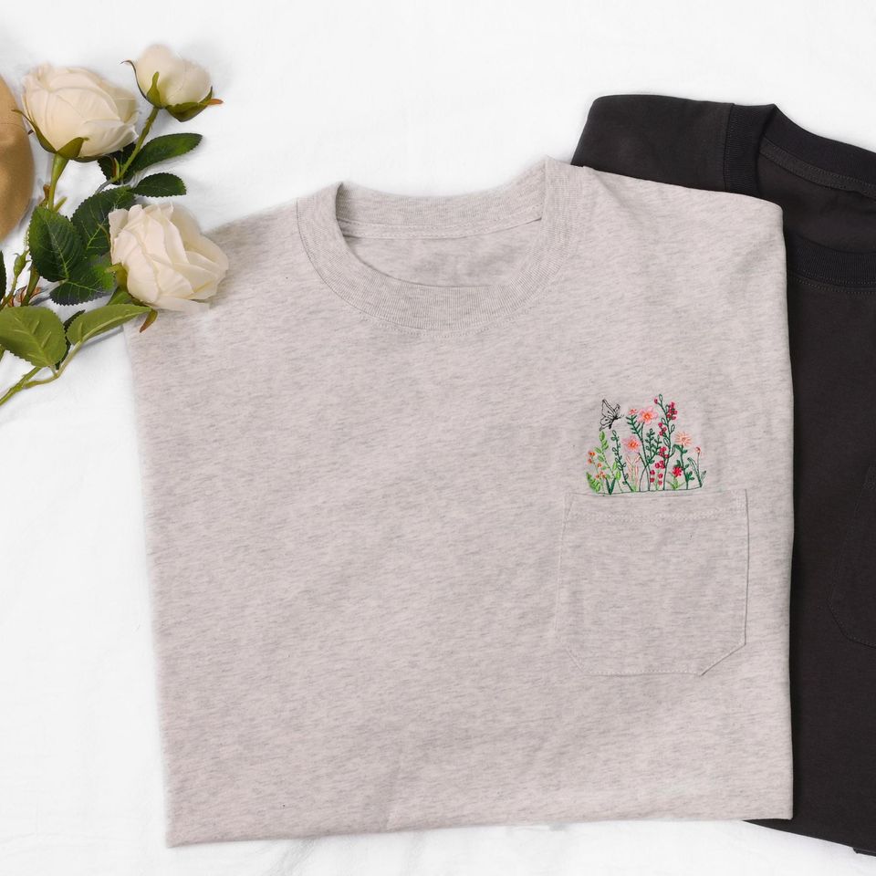 Embroidered Flower T-shirt with Pocket, Floral Crew Neck Unisex Tee, Personalized Gift