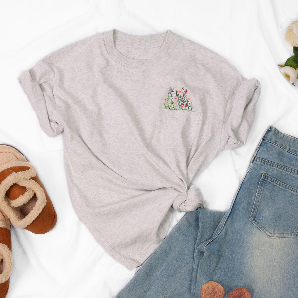 Embroidered Flower T-shirt with Pocket, Floral Crew Neck Unisex Tee, Personalized Gift