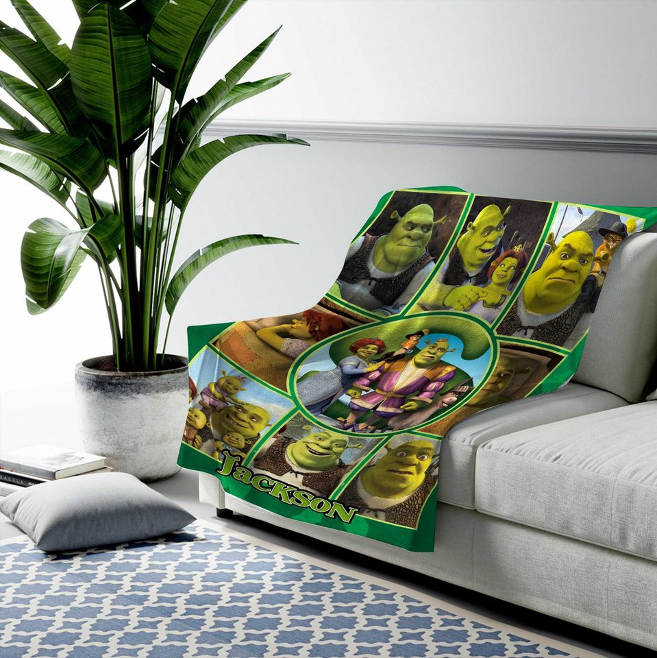 Personalized Shrek Sherpa Blanket Custom Photo Sofa Fleece Blanket Christmas Bediing Adult Baby Shower Woven Blanket
