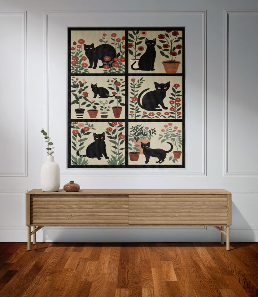 Black Cat Floral Woven Blanket