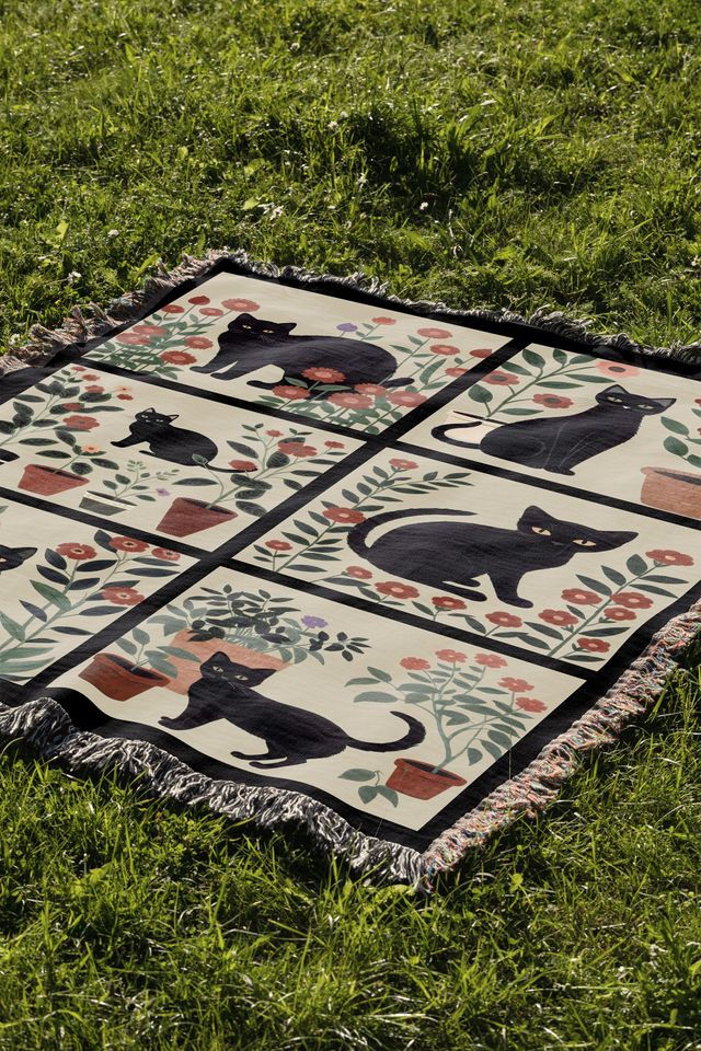 Black Cat Floral Woven Blanket