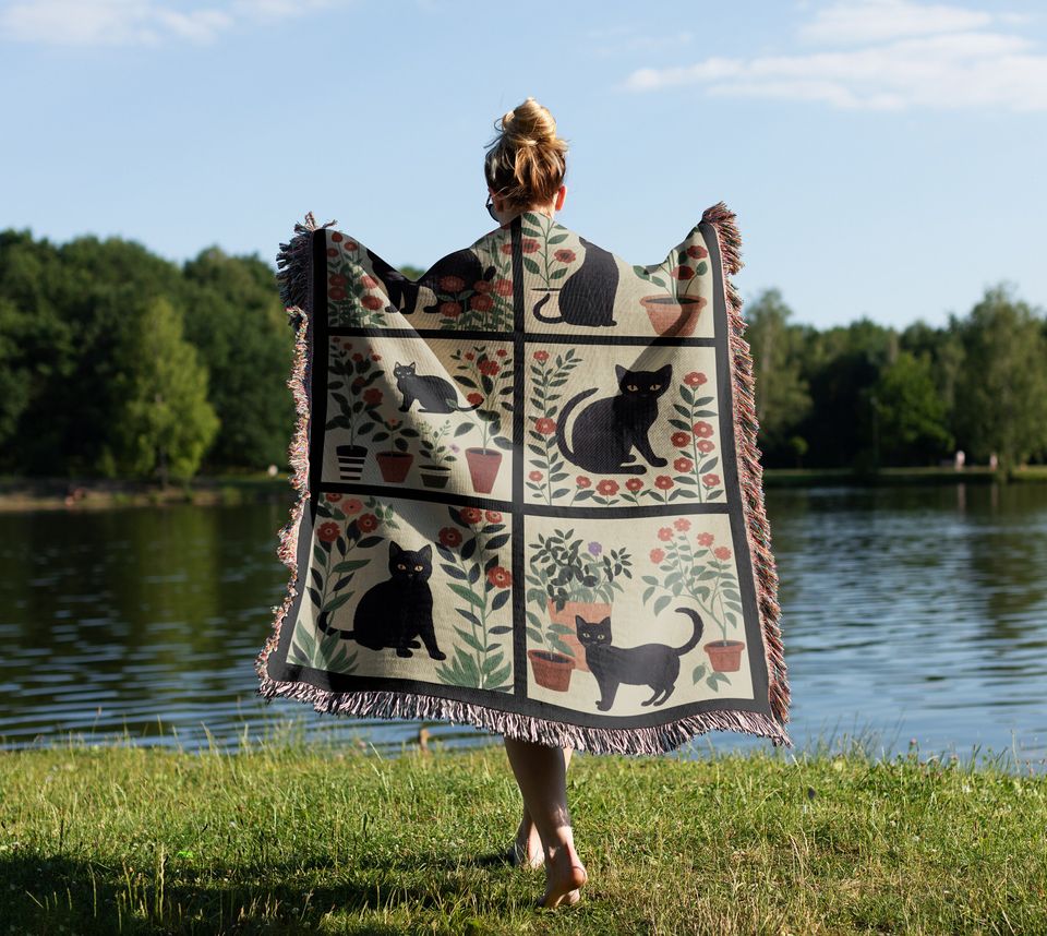 Black Cat Floral Woven Blanket