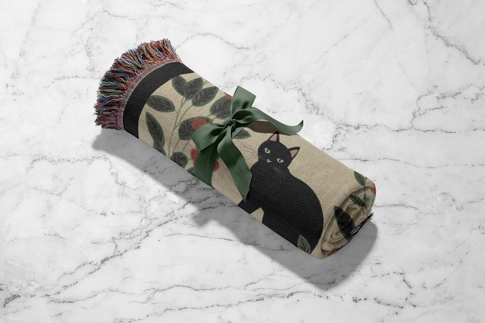 Black Cat Floral Woven Blanket